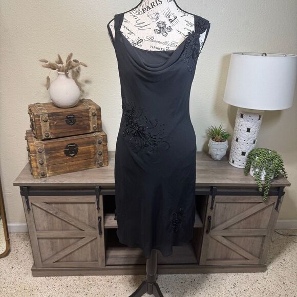 Vintage Adrianna Papell Embroidered Floral Midi Chiffon Dress Cowl Neck Sz 8 Y2k - Picture 1 of 9